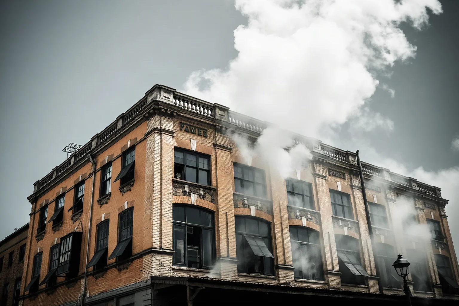 A vintage early 1900s garment factory building with smoke rising from upper floors, period-accurate architecture