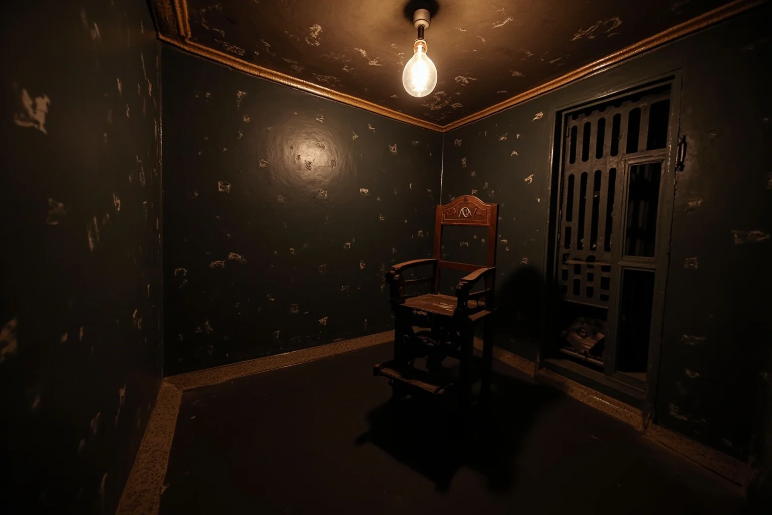 25 Disturbing Last Words By Notorious Criminals 21 A vintage electric chair chamber at Auburn-style prison, early 1900s aesthetic, dramatic single overhead bulb