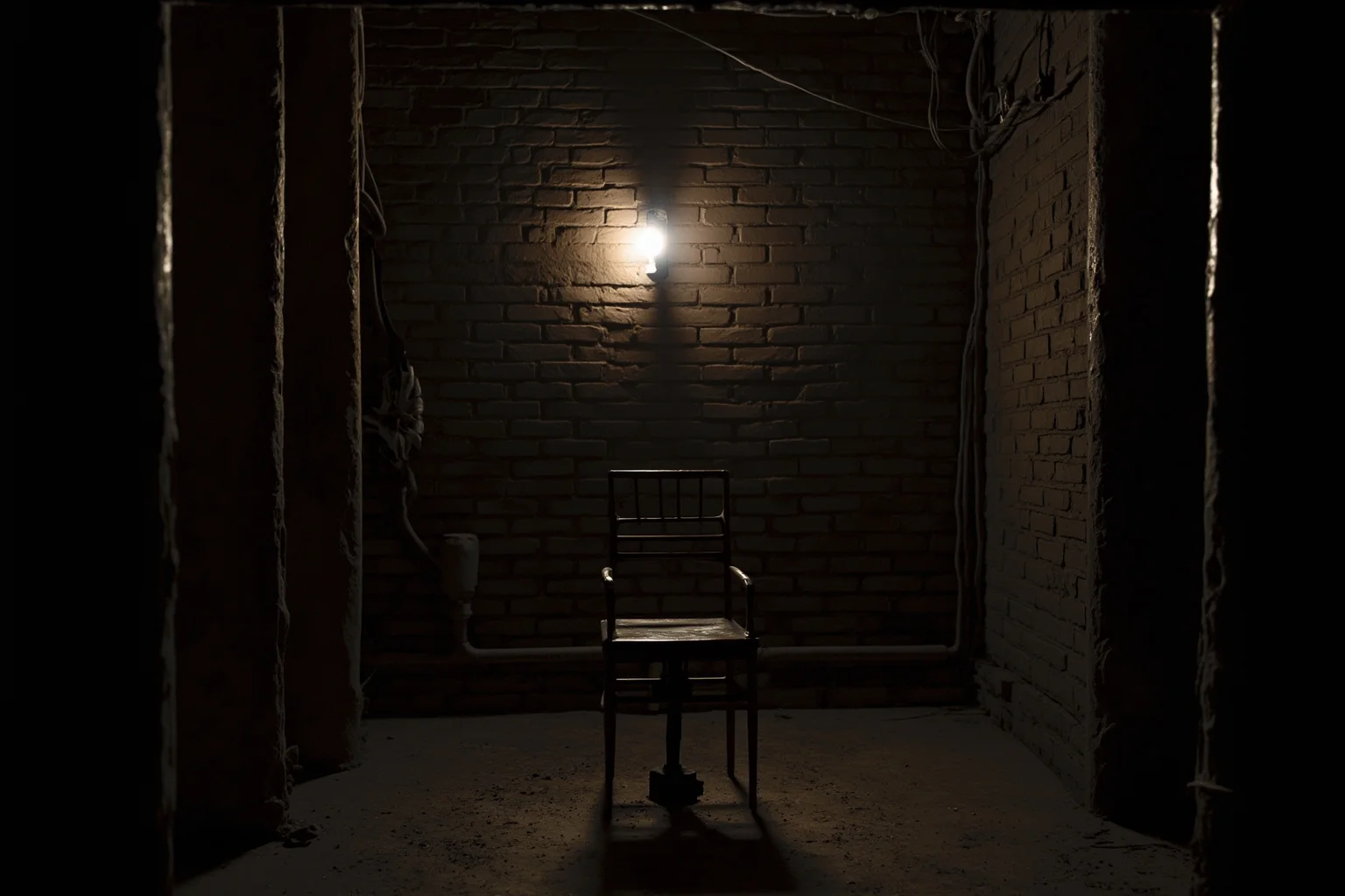 25 Disturbing Last Words By Notorious Criminals 6 A vintage electric chair chamber with brick walls, old fixtures, dramatic chiaroscuro lighting, no people visible
