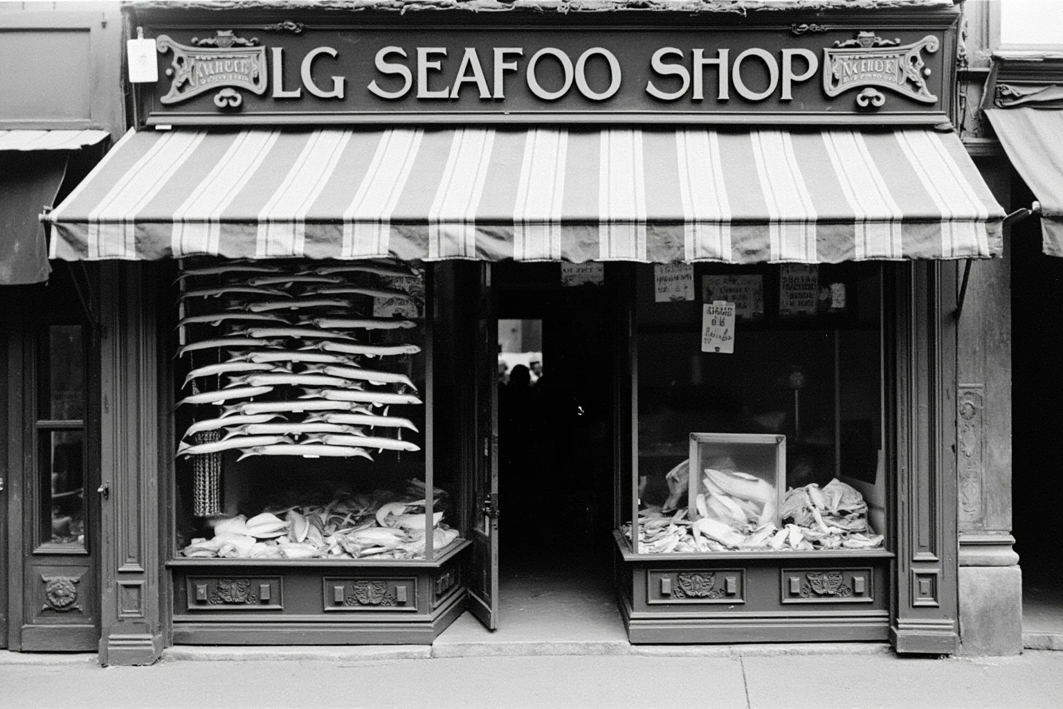 The Oldest Fast Food Chains in the World: A Full History 4 A vintage European seafood shop storefront from the late 1800s with fish displayed and a striped awning