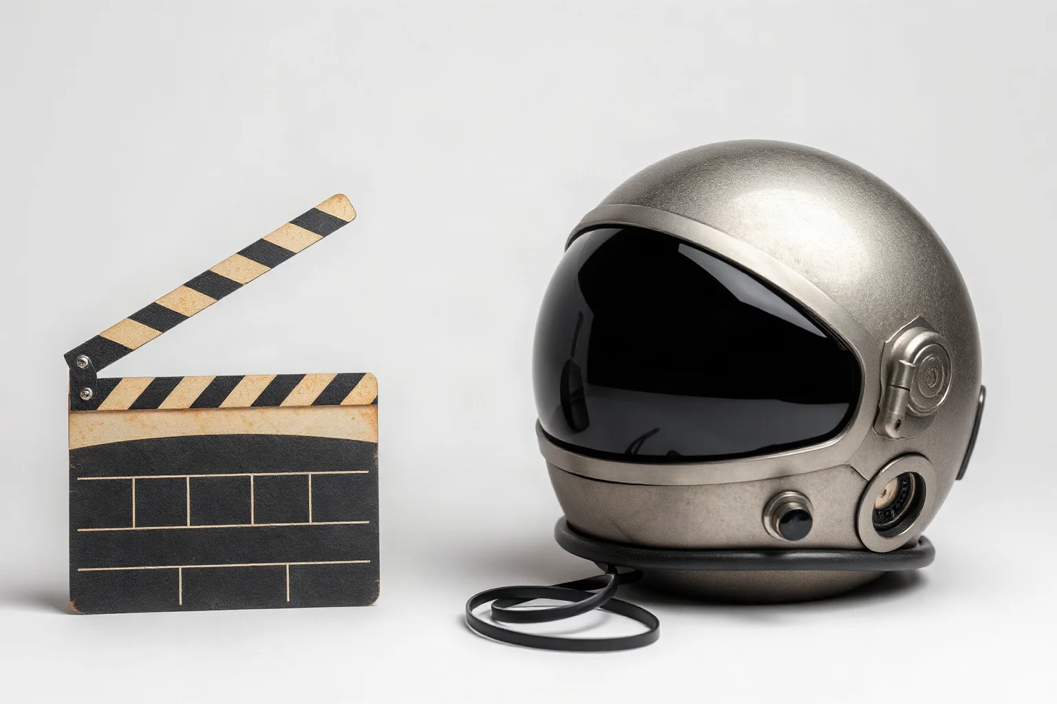 A vintage film-reel and clapperboard illustration next to a spacesuit helmet, symbolizing Hollywood conspiracy theories