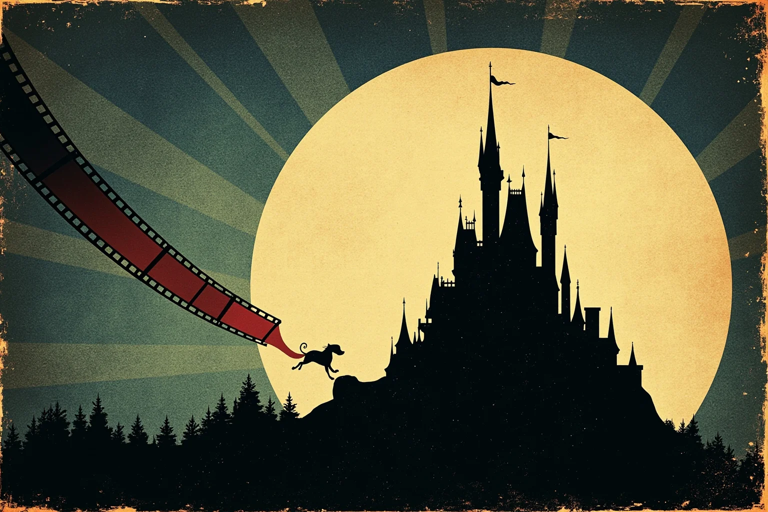 21 Beloved Historical Figures Who Are Controversial Today 18 A vintage film reel and classic animated-castle silhouette, symbolic mid-20th-century entertainment illustration