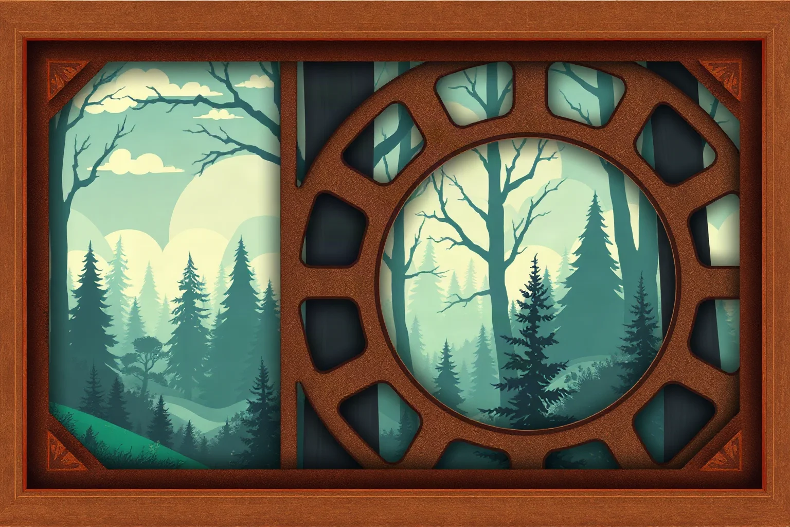 A vintage film reel and old-fashioned movie poster frame with a stylized forest backdrop, symbolic illustration, no real characters
