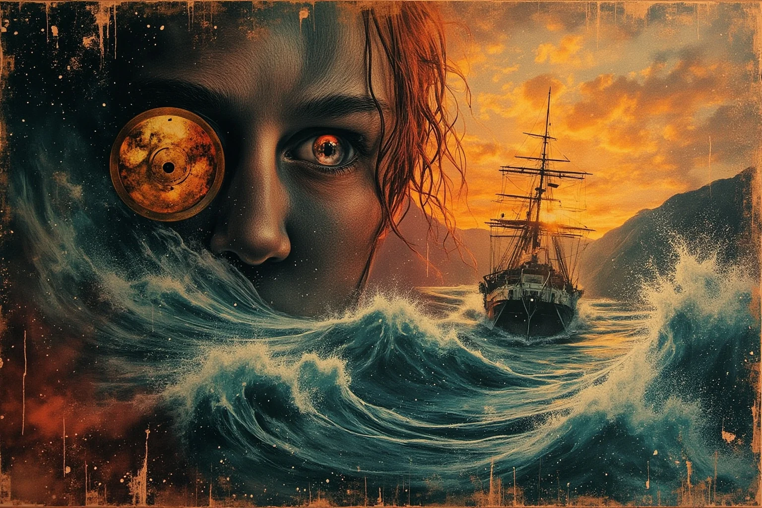 A vintage film reel and old theater poster style collage evoking maritime mystery