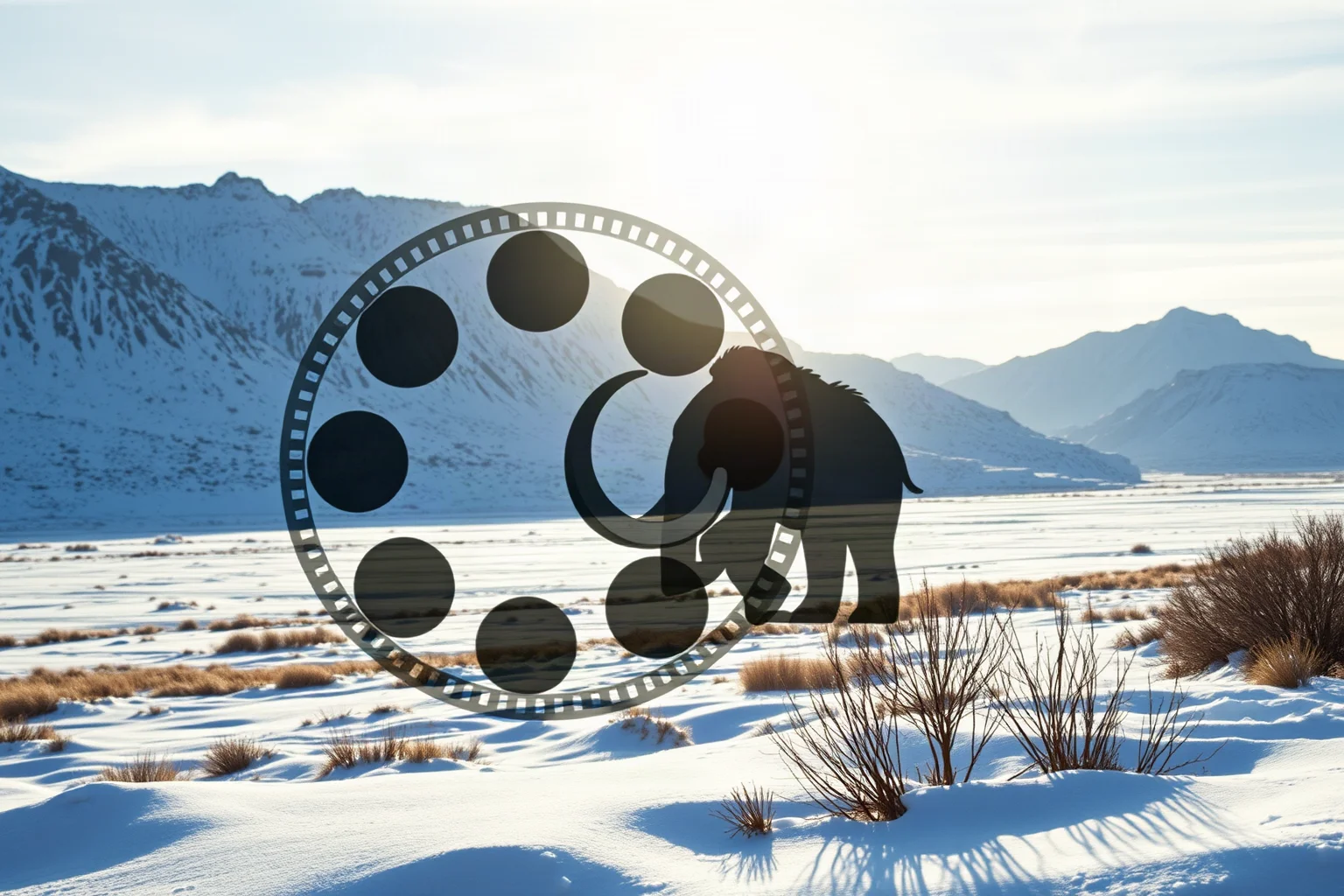 A vintage film reel icon overlaid on a snowy prehistoric landscape with a friendly cartoon-style mammoth silhouette