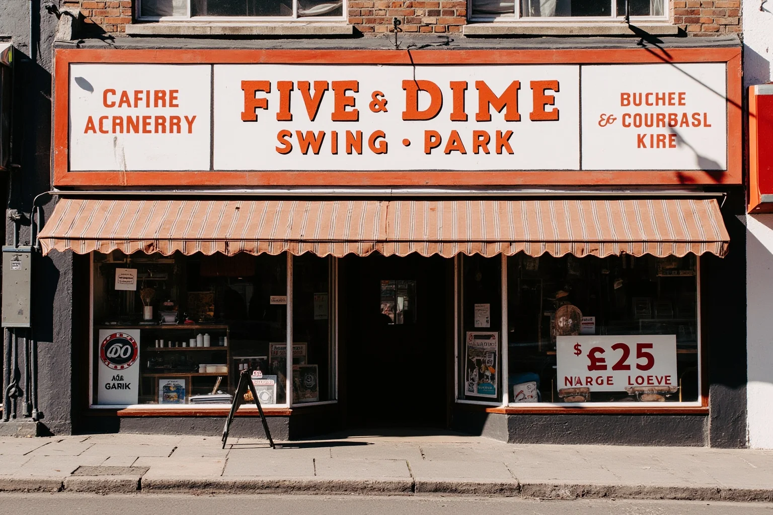 A vintage five-and-dime store storefront with old-fashioned signage and striped awnings
