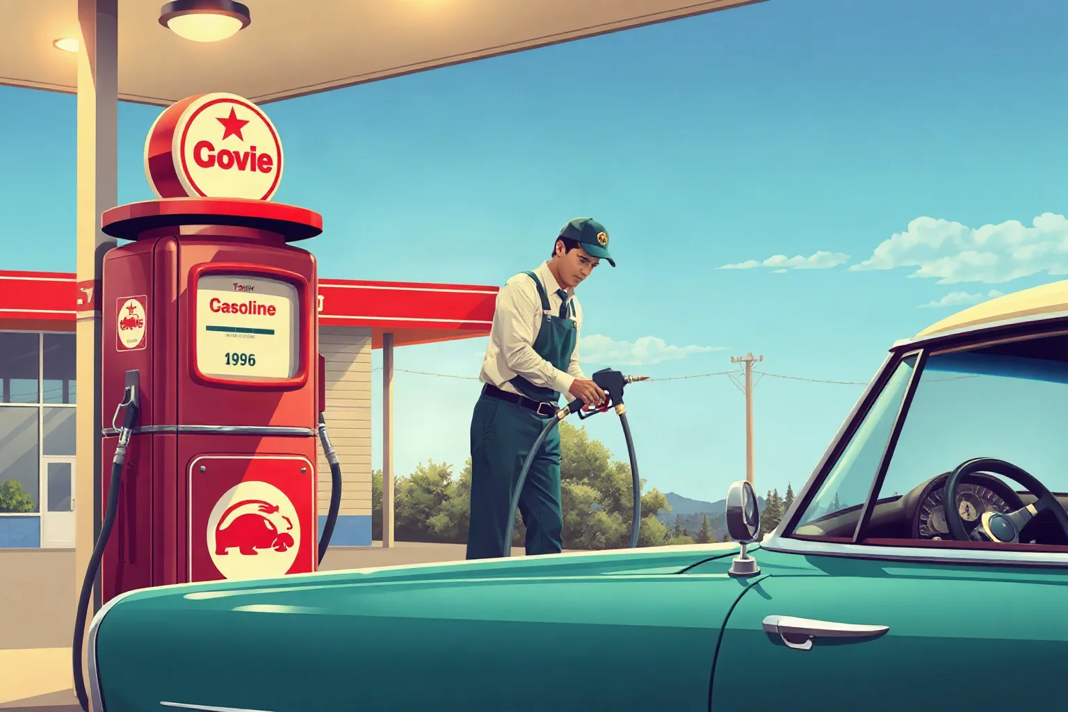 A vintage gas station attendant filling a car at a retro 1950s pump, nostalgic illustration