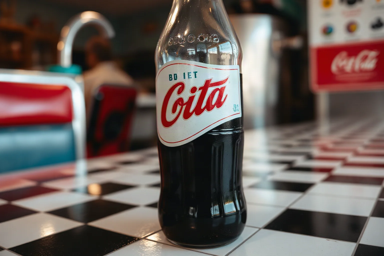 A vintage glass soda bottle labeled diet cola on a checkered diner counter