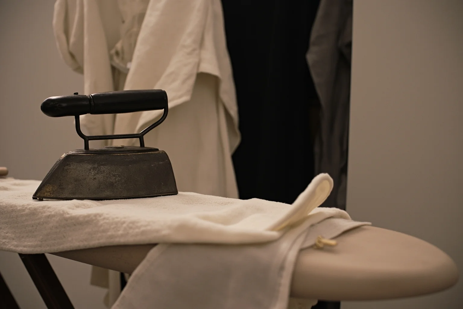 22 Things Every American Home Had in the 1920s 13 A vintage heavy electric iron resting on an ironing board with 1920s clothing