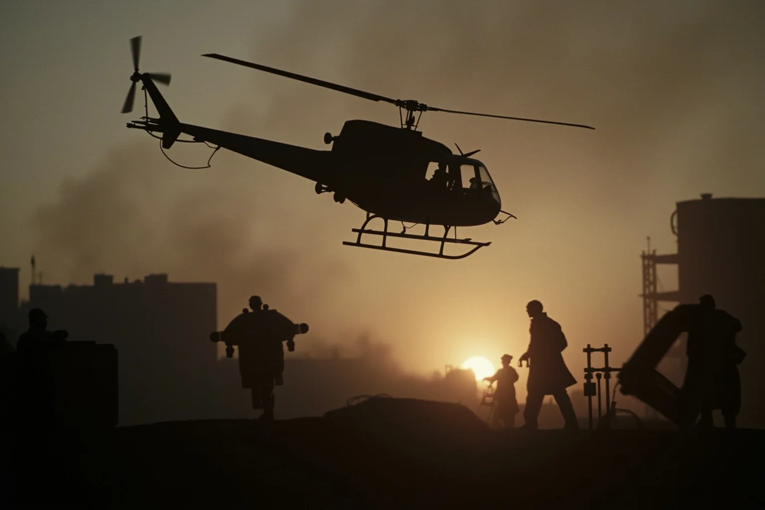 22 Hollywood Stars Whose Lives Ended in Tragedy 15 A vintage helicopter silhouette over a smoky film set at dusk, symbolizing a historic on-set disaster