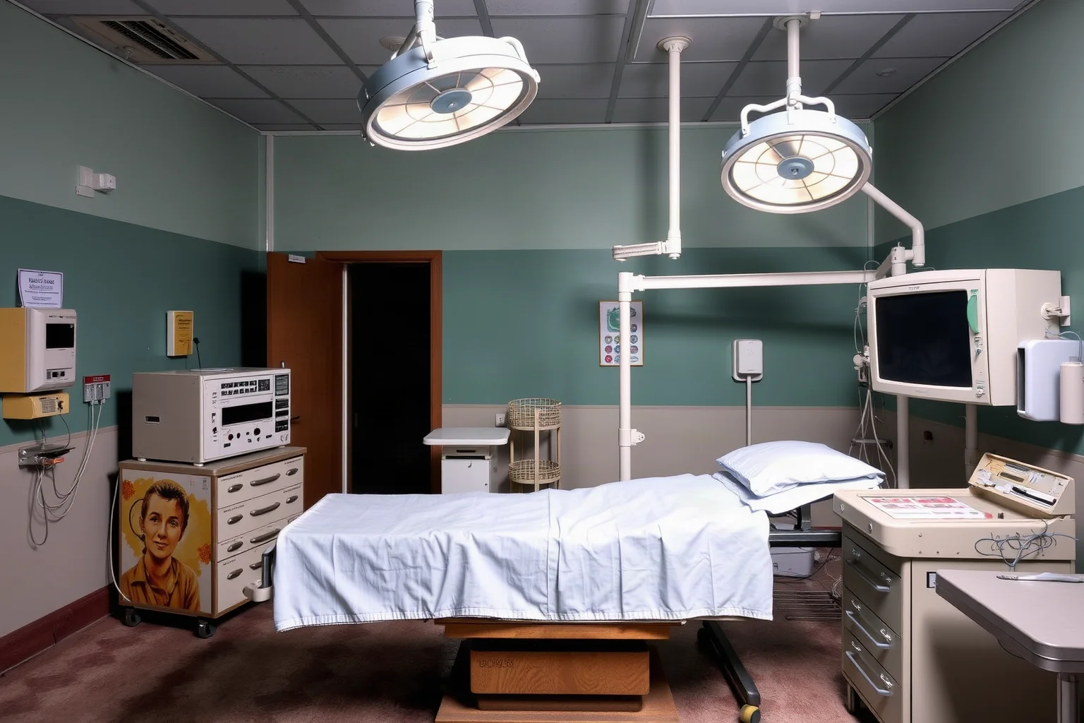 A vintage hospital operating room with an early bulky heart-lung machine