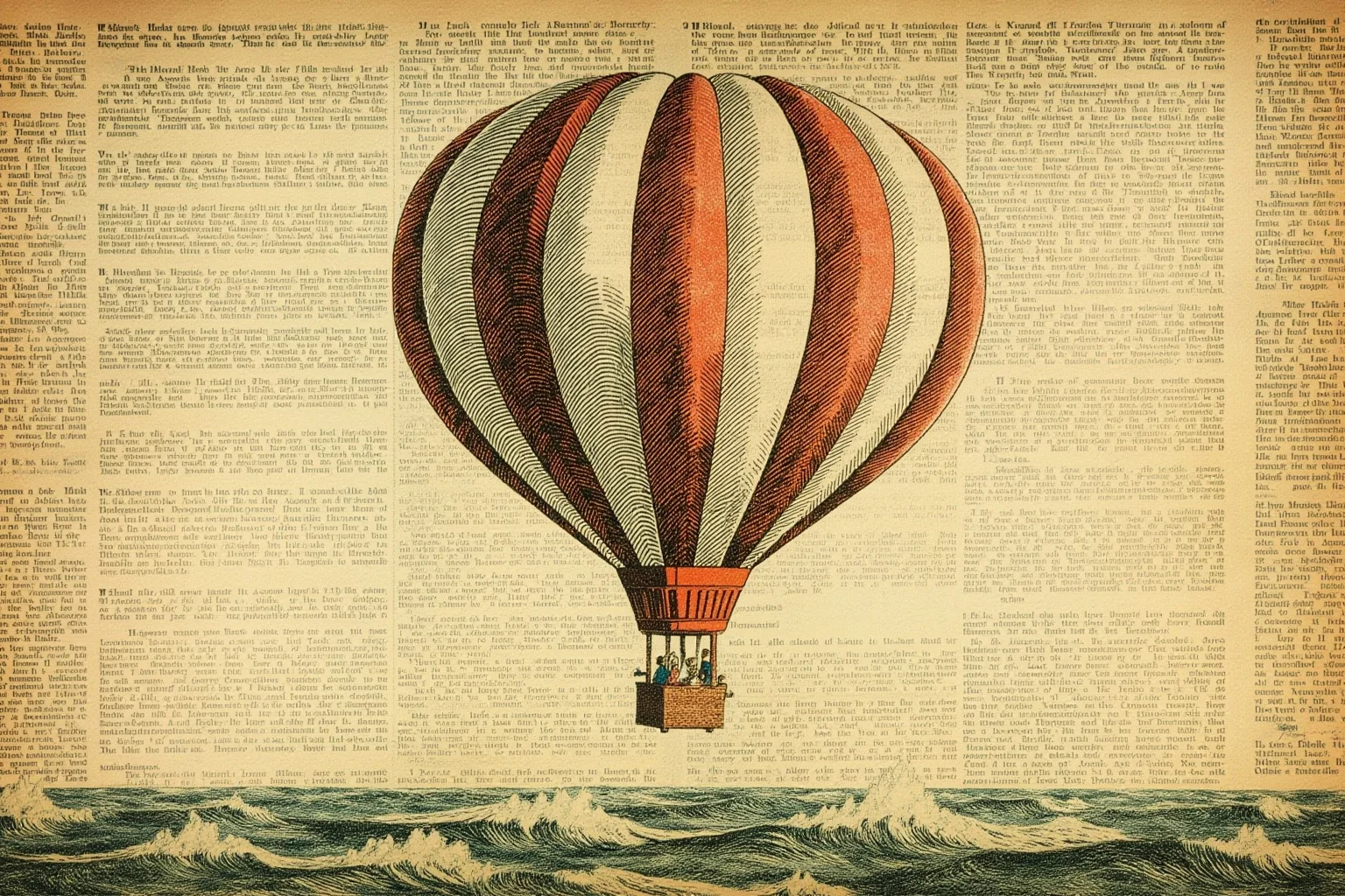 A vintage hot air balloon illustration floating dramatically over an ocean with a old newspaper headline overlay