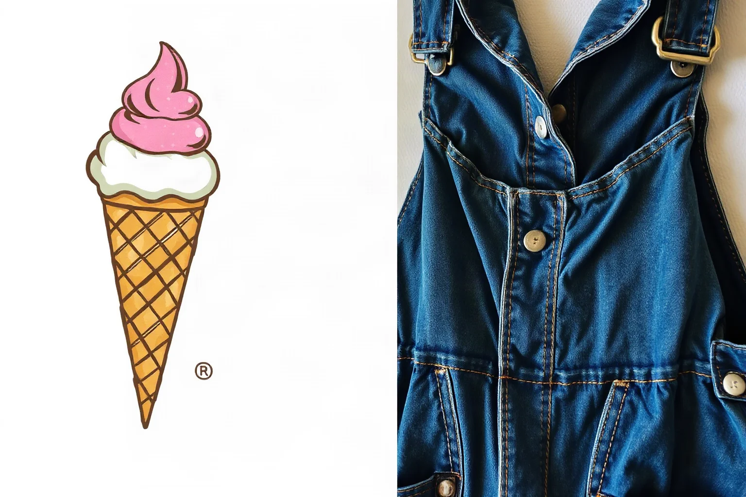 A vintage ice cream cone illustration next to old denim overalls, retro Americana style