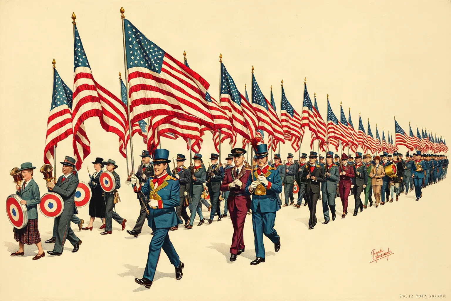 A vintage illustrated parade scene with flags and marching band figures, patriotic 1940s style