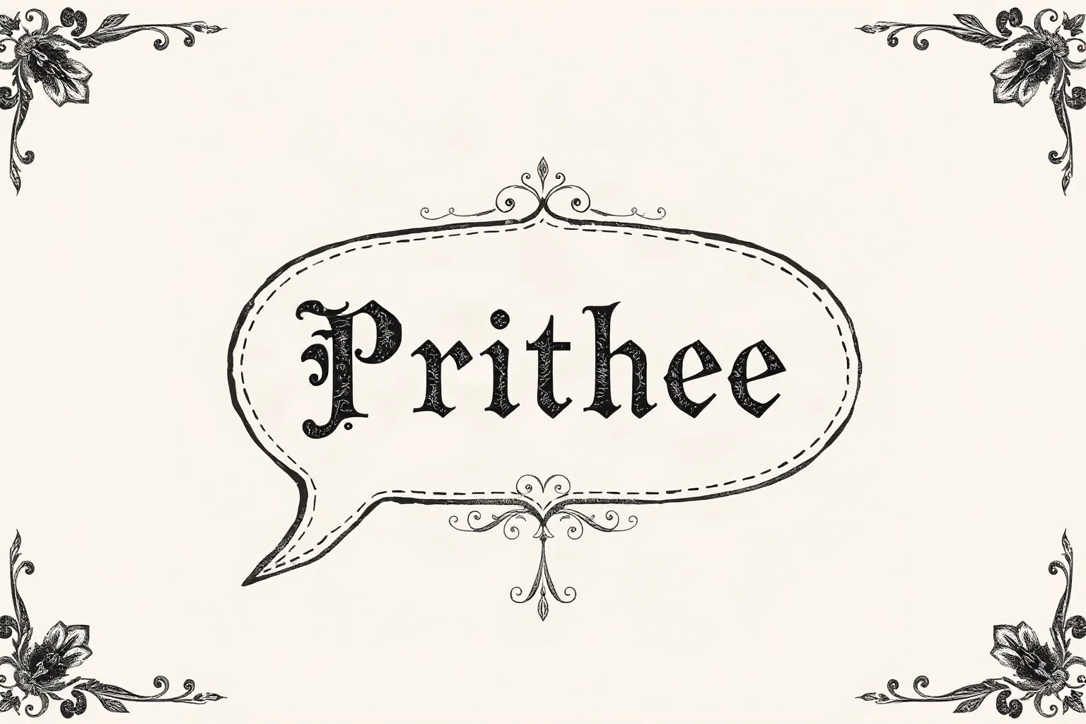 A vintage illustrated speech bubble reading 'Prithee' surrounded by delicate Elizabethan floral border designs