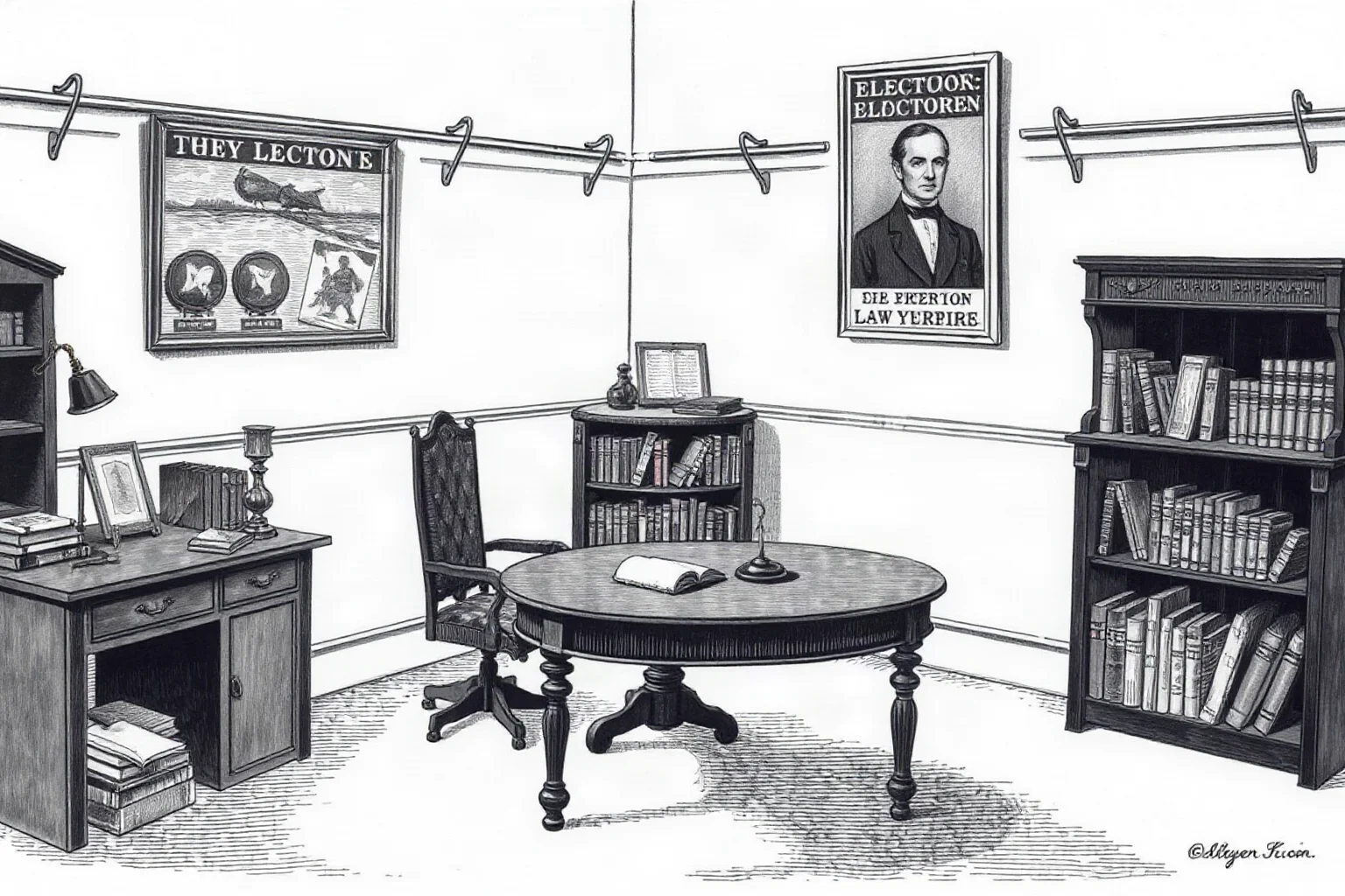 A vintage illustration of a 19th-century lawyer's office with law books, a desk, and a framed election poster on the wall