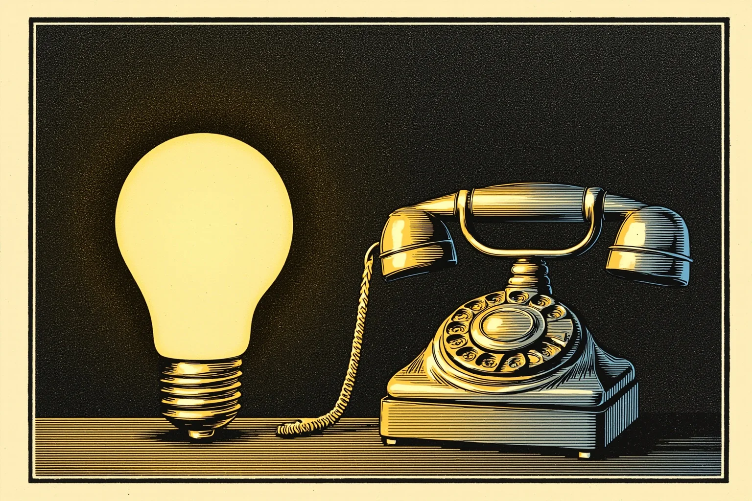 Historical Figures That Were Shockingly Born In The Same Year 14 A vintage illustration of a glowing lightbulb beside an old telephone, symbolizing two great inventors of the same era