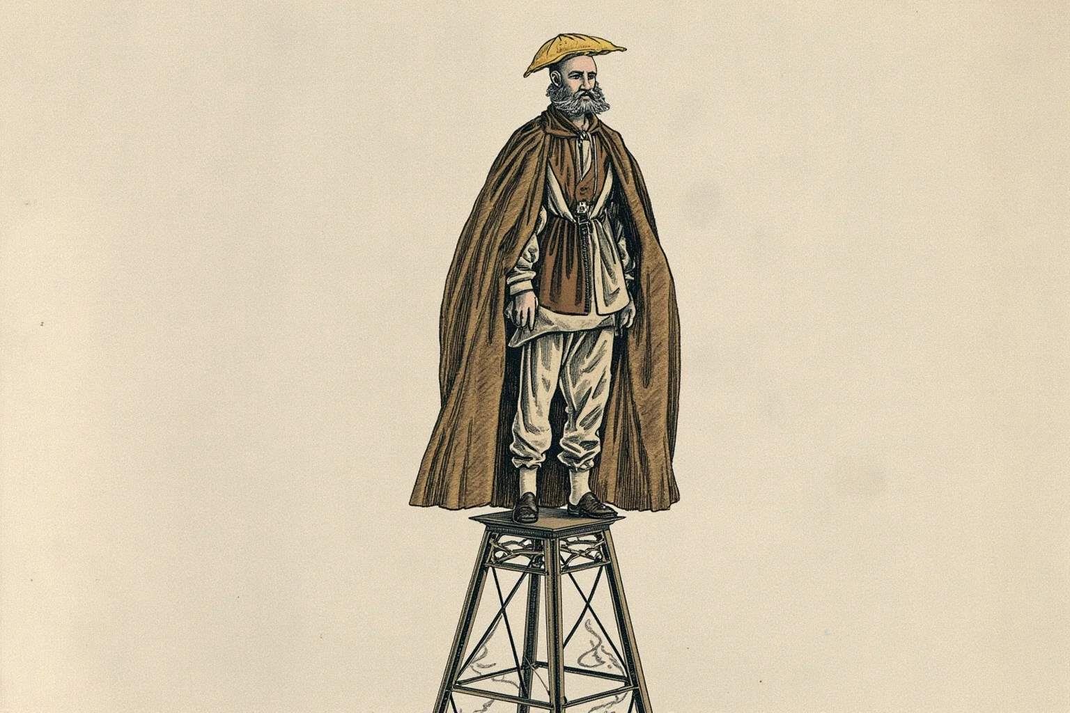 A vintage illustration of an early 1900s inventor wearing a bulky cloak-like parachute suit standing atop a tall iron tower