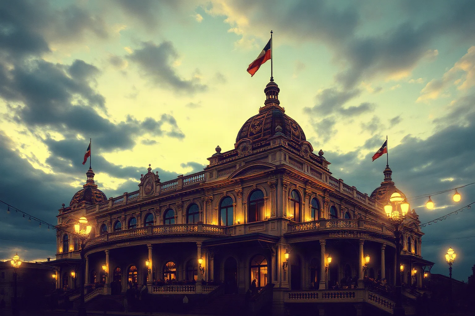 A vintage illustration of an ornate exposition building decorated with banners and early electric lights at dusk