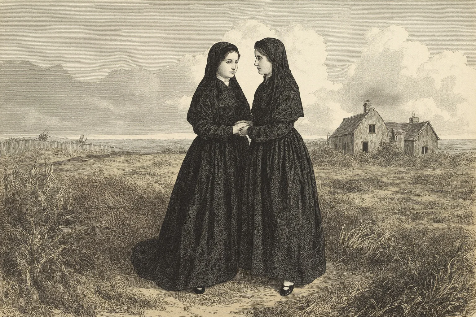 TB or Not TB: 22 Historical Figures Who Contracted Tuberculosis 2 A vintage illustration of two sisters in Victorian mourning dress standing before a windswept English moorland house