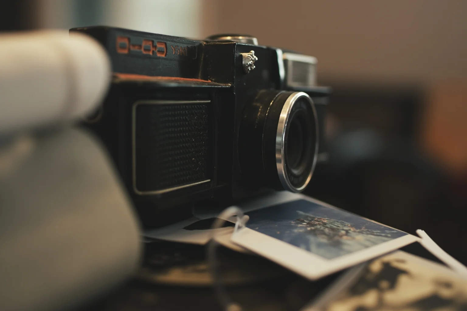 A vintage instant camera resting on a table next to a stack of faded photographs