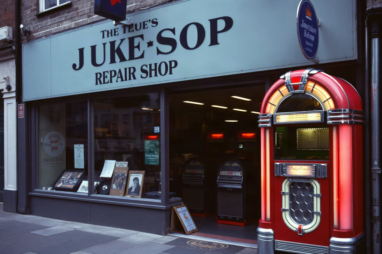 A vintage jukebox repair shop storefront in 1960s London, muted retro colors