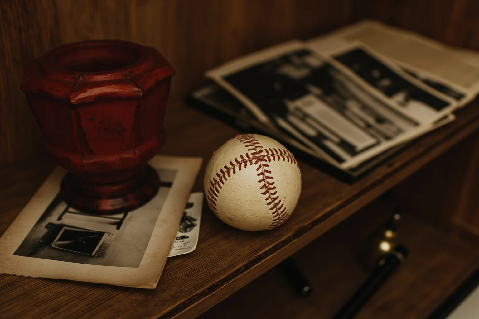 A vintage leather-bound baseball resting on a wooden shelf beside faded old photographs and a fountain pen
