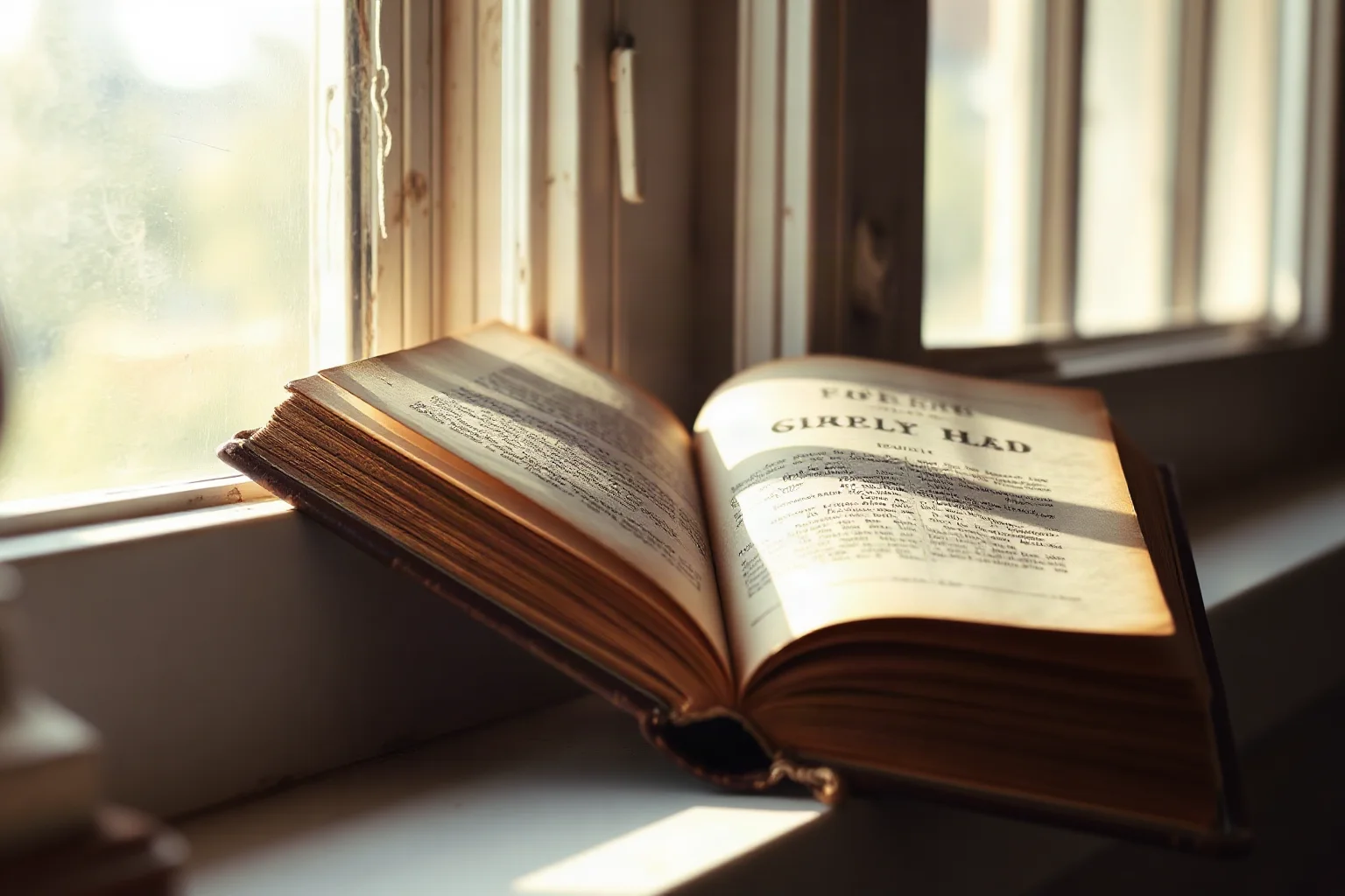 A vintage leather-bound novel lying open on a sunlit windowsill with soft morning light
