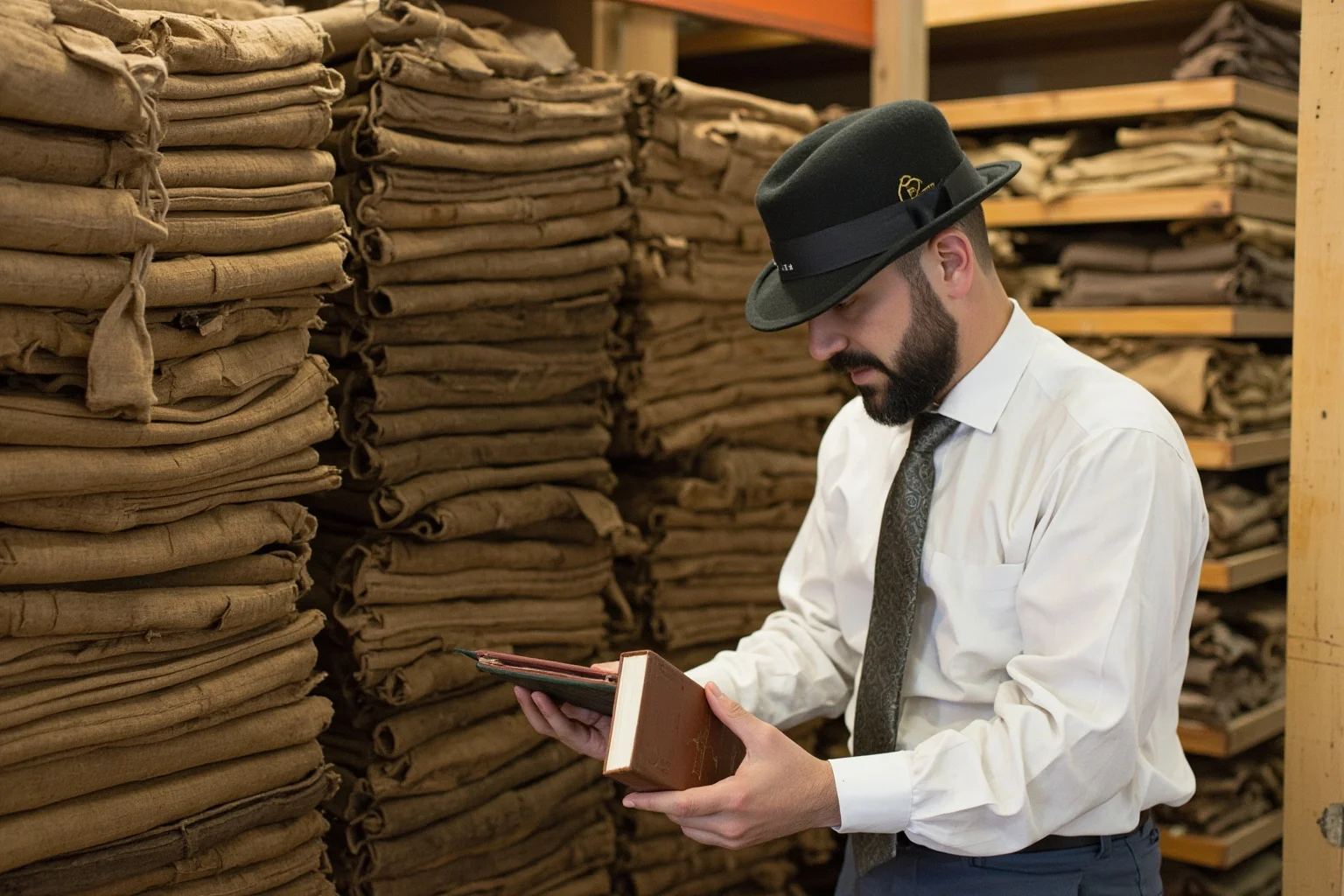 A vintage mail sack with a customs inspector examining a hardcover book, mid-20th century style