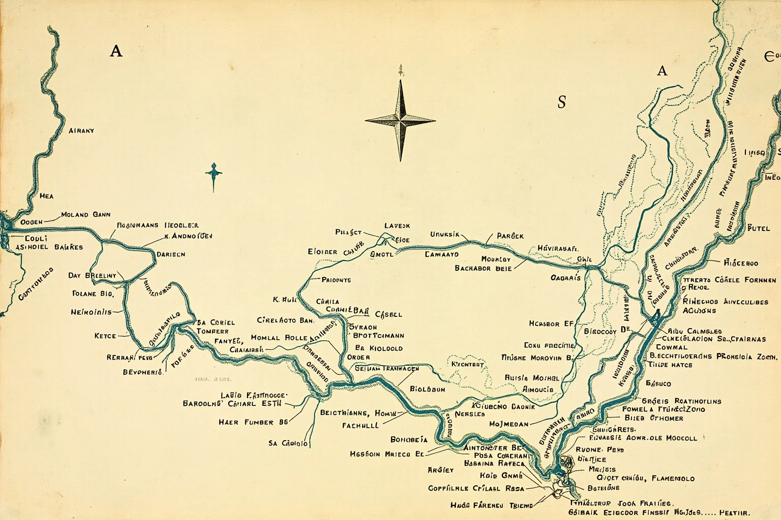 A vintage map with Native-origin place names labeled across rivers and mountains