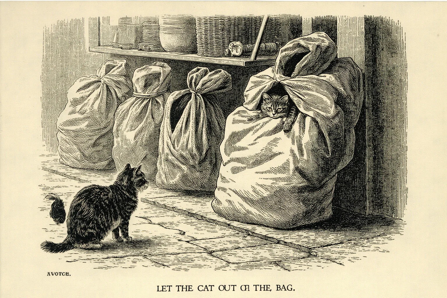 A vintage marketplace scene with a sealed cloth sack and a curious cat peeking out, illustrating 'let the cat out of the bag', old engraving style