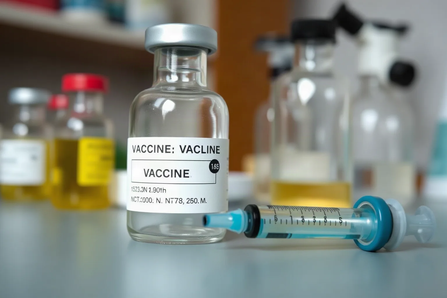 A vintage medical vial and syringe on a lab table representing 1950s vaccine research