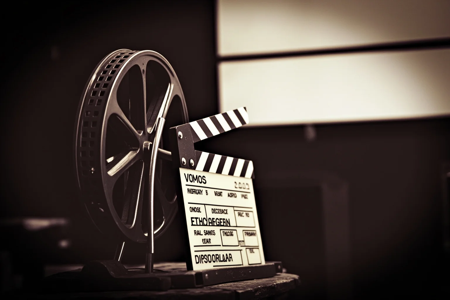 A vintage movie clapperboard and film reel on a Hollywood soundstage, 1960s aesthetic