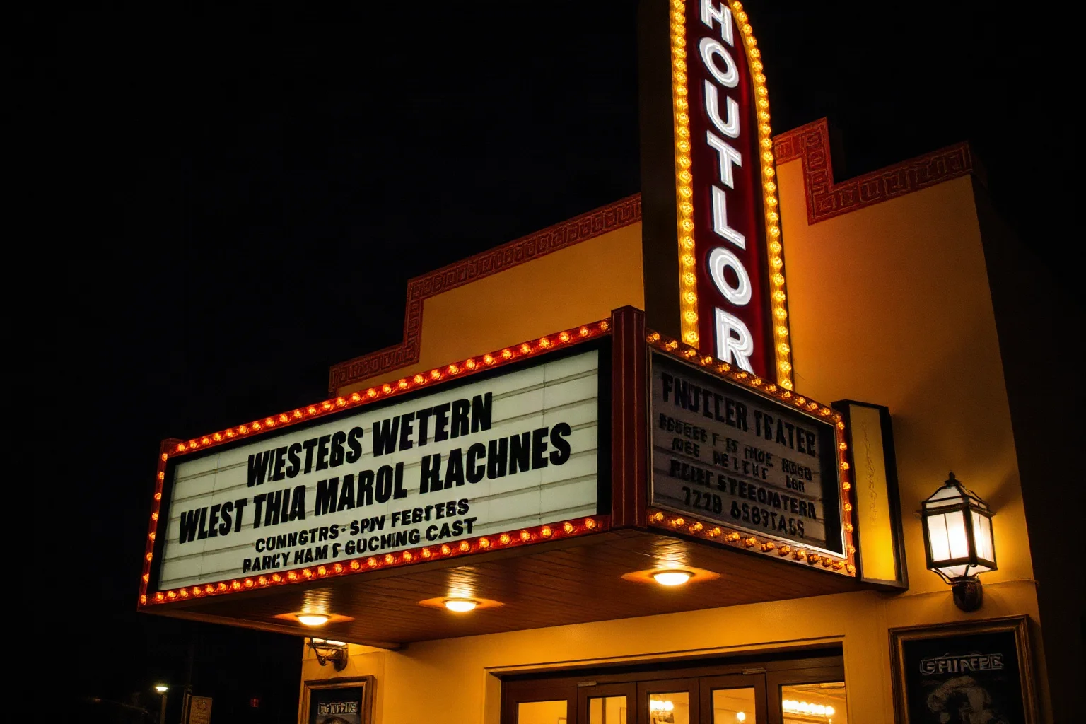 A vintage movie theater marquee glowing at night, evoking classic Western film nostalgia