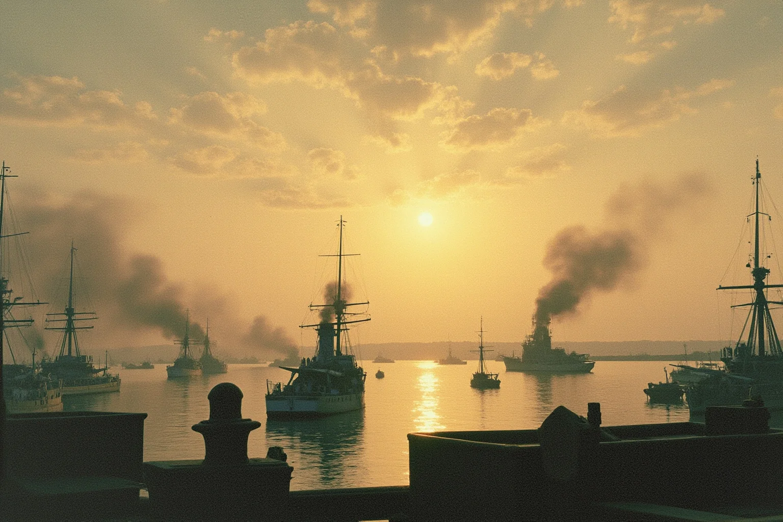False Flag Operations That Quietly Changed World History 19 A vintage naval harbor at dawn with battleships and smoke on the horizon, historical illustration style