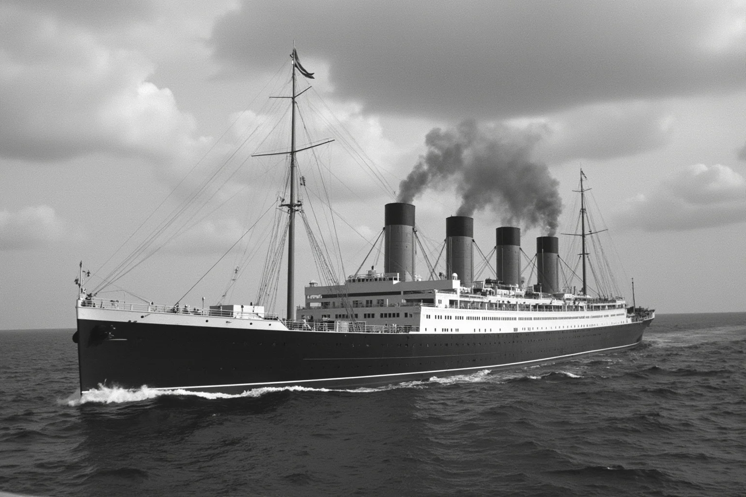 A vintage ocean liner steaming across the Atlantic under a cloudy sky, evoking the early 1900s