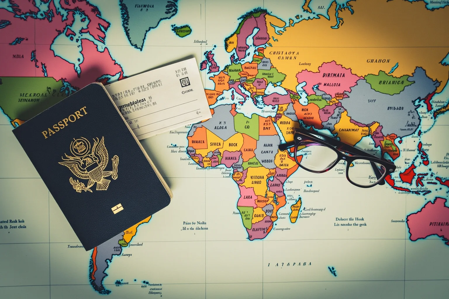 A vintage passport and airline ticket on a map of North America, travel-themed still life
