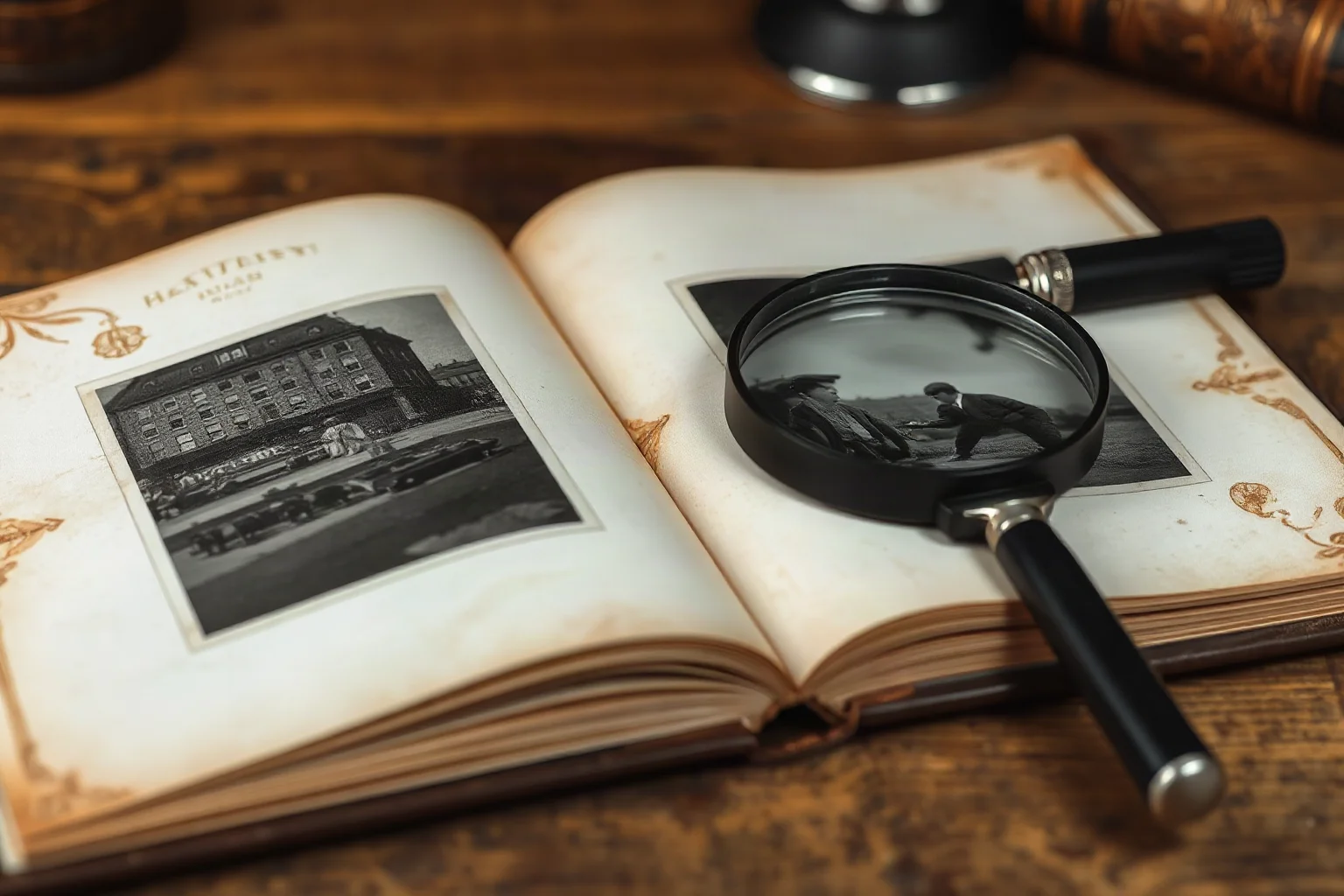 A vintage photo album and magnifying glass resting on a wooden desk, symbolizing historical archive research