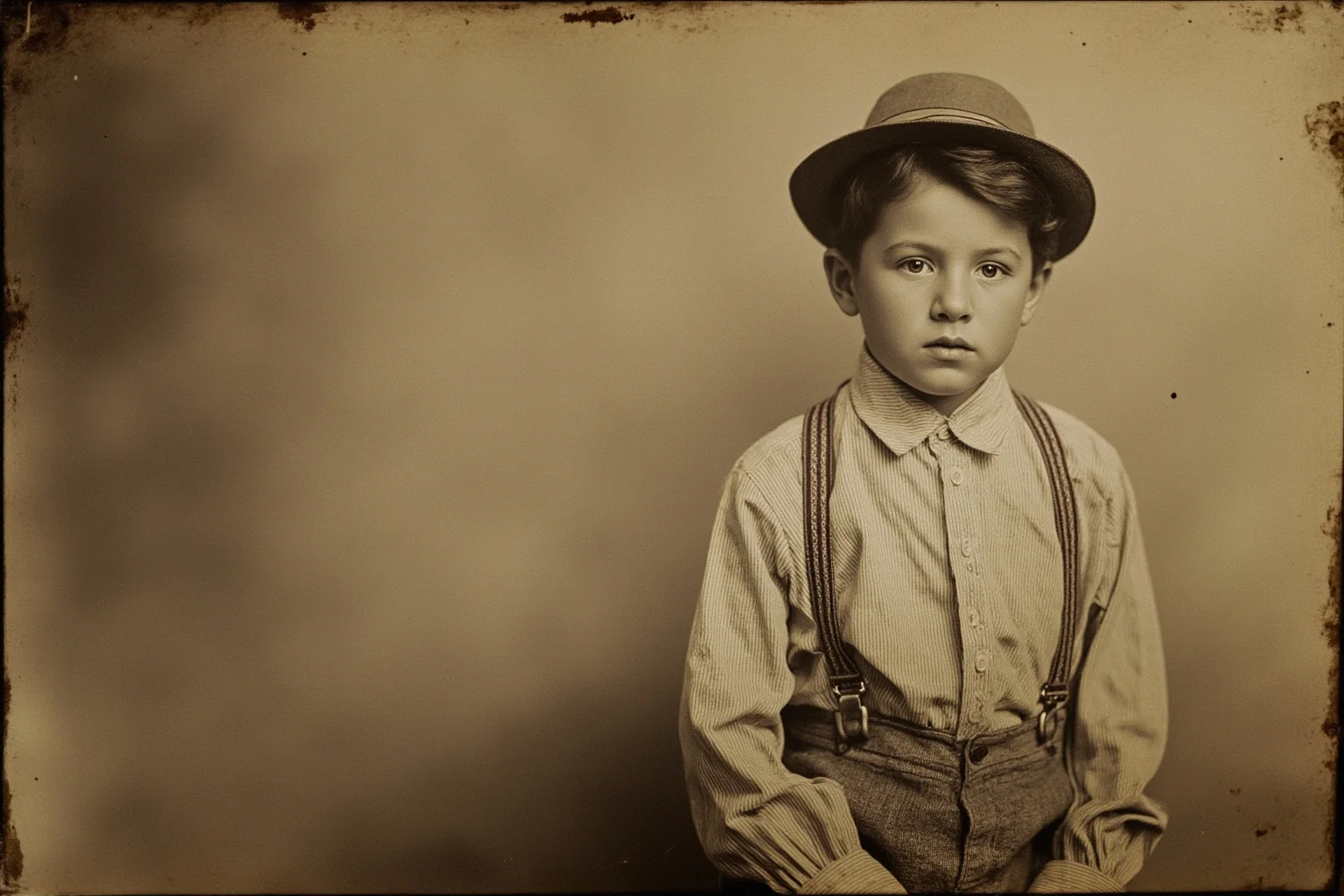 A vintage photograph of a red-haired young boy in simple early 1900s farm clothing