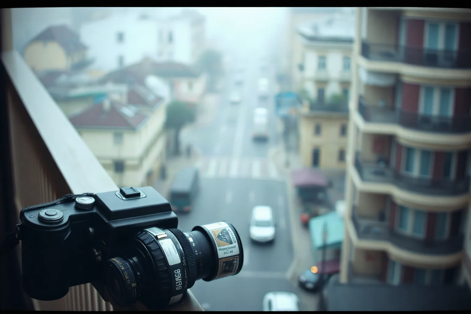 A vintage press camera and rolls of film resting on a hotel balcony railing overlooking a hazy city street below, moody documentary photography style