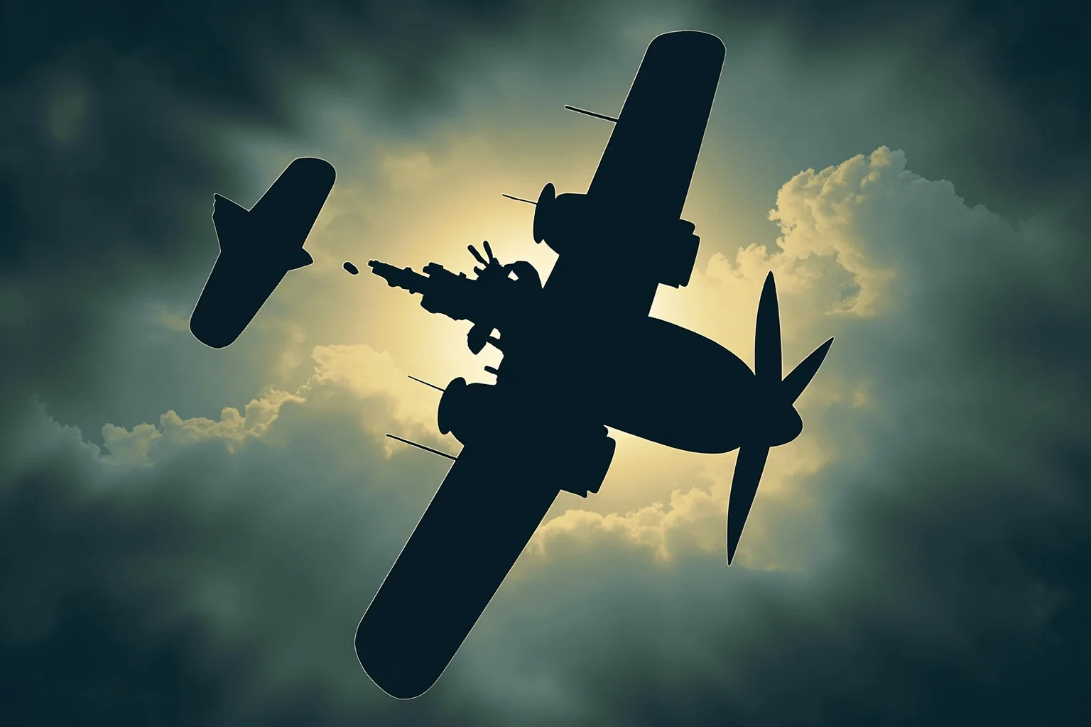 A vintage propeller airplane silhouette breaking apart against a stormy sky, illustrative style