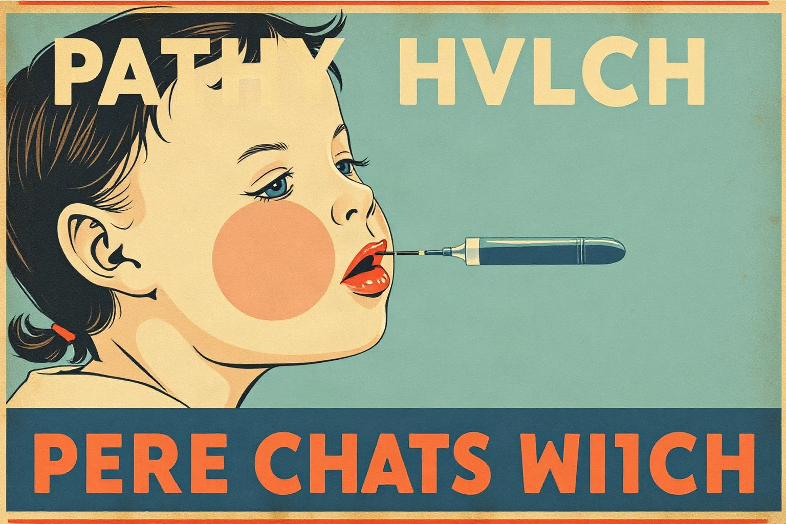 A vintage public health poster style illustration promoting childhood vaccination against throat illness, muted retro colors