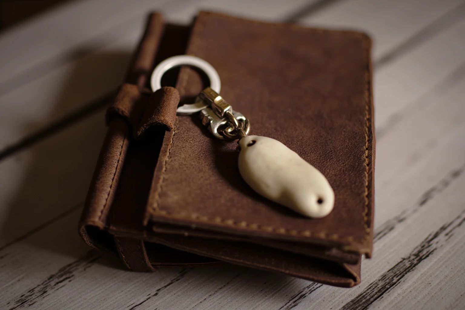 A vintage rabbit's foot keychain resting on an old leather journal