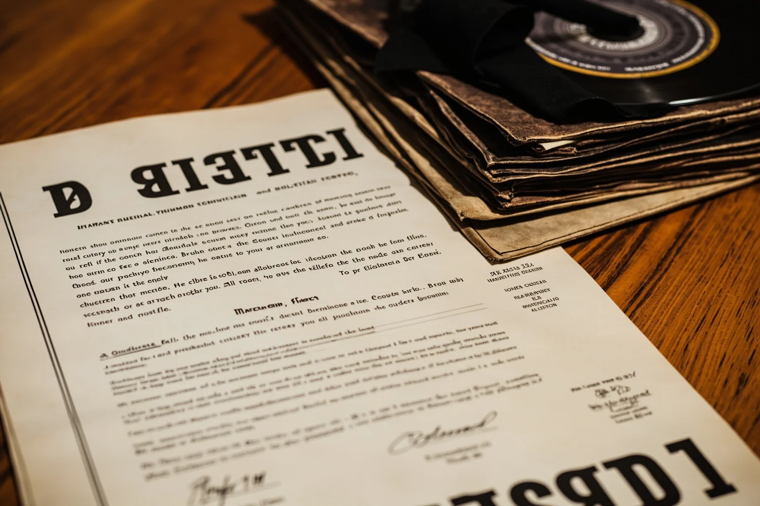A vintage record label contract and a stack of 1950s vinyl records on a wooden desk