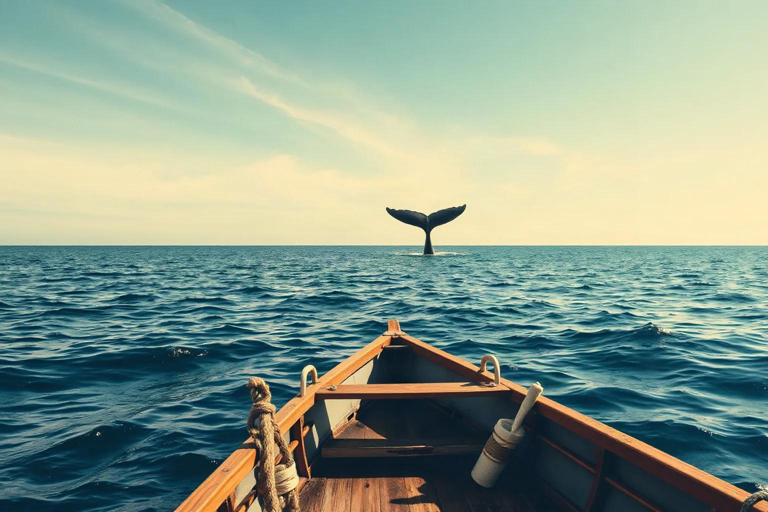 A vintage rowboat on the ocean with a distant whale tail, retro travel poster style