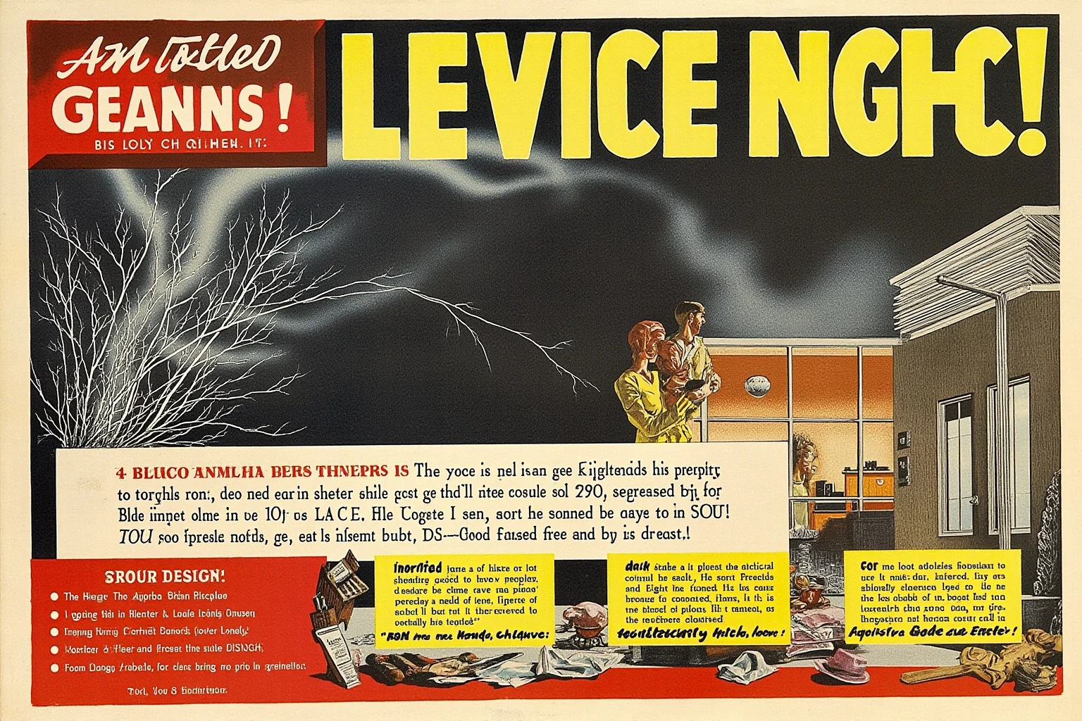 The Human Lightning Rod: The Man Who Was Struck Seven Times 21 A vintage safety poster style illustration showing a person safely sheltering indoors during a storm