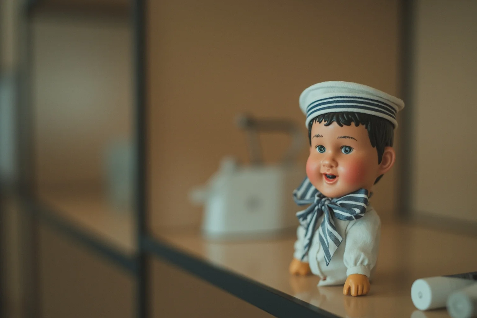 A vintage sailor-style doll positioned on a shelf inside a glass display case