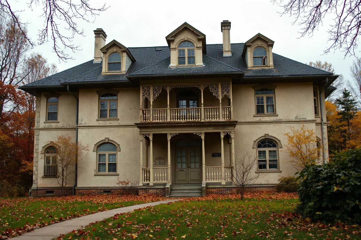 A vintage sanatorium building exterior representing historical tuberculosis treatment, autumnal muted colors