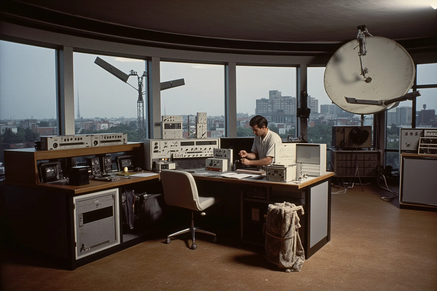 A vintage satellite broadcast control room with large dish antennas, 1970s technology aesthetic
