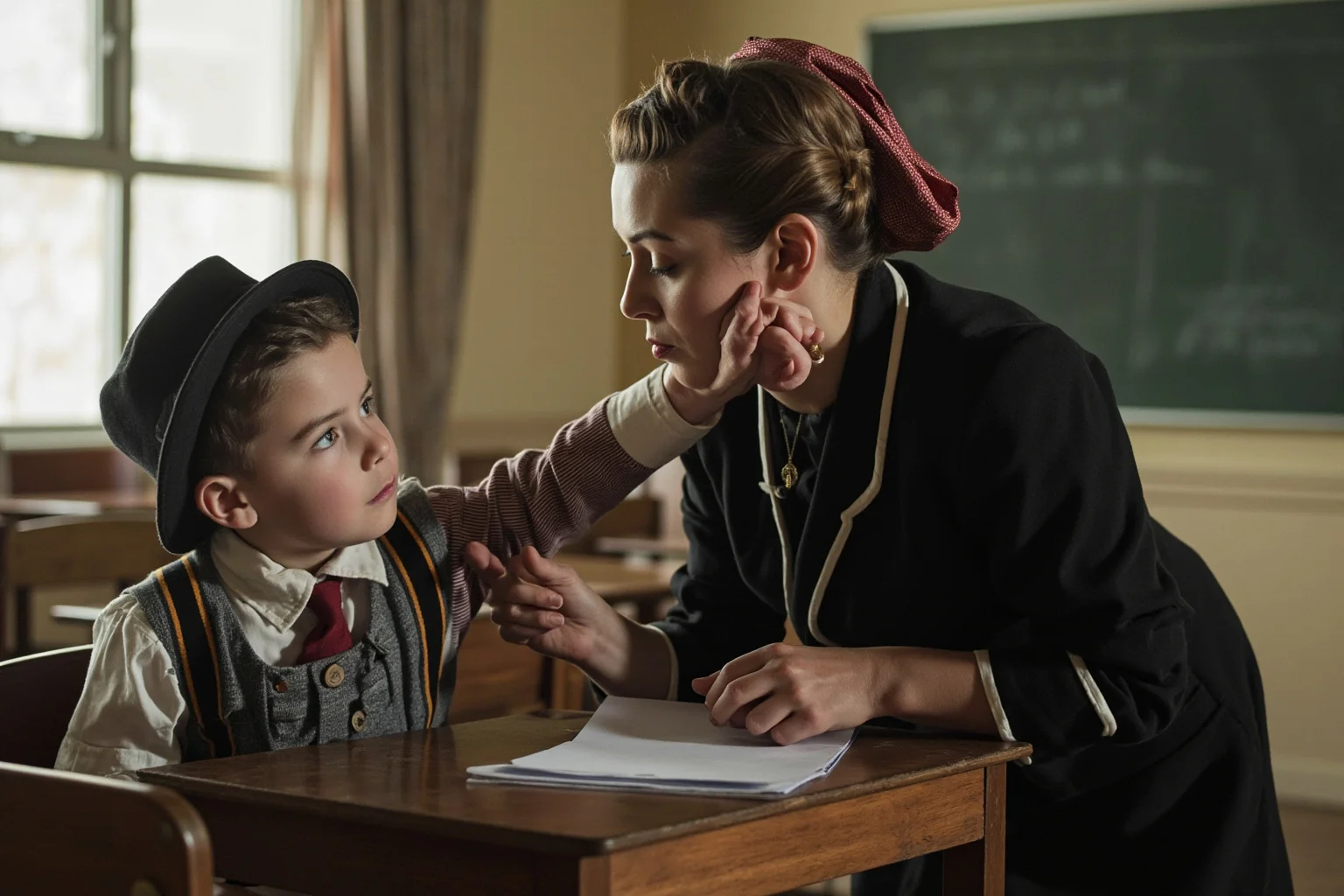 A vintage schoolroom scene with a left-handed child being corrected by a strict teacher